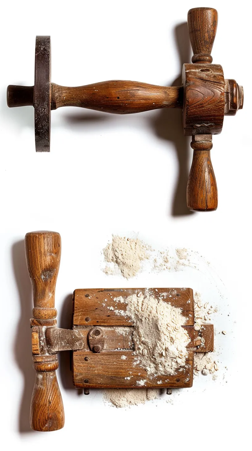 Two antique wooden flour grinders with handles