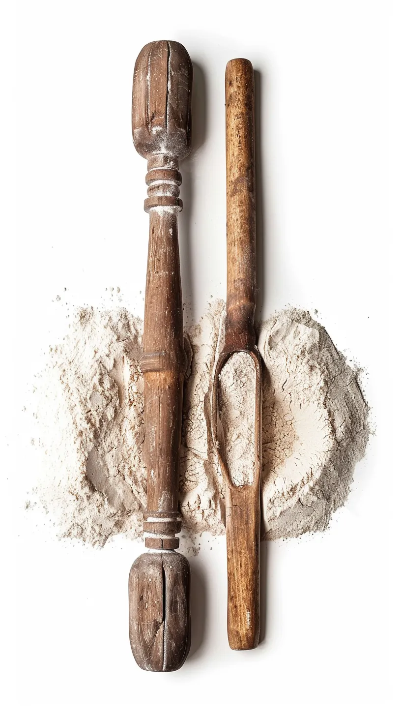Two vintage wooden flour scoops, one with a carved handle and the other a simple scoop, both surrounded by scattered flour